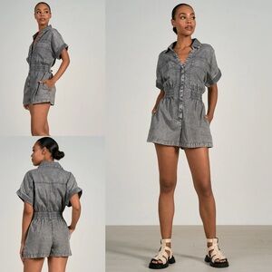 Elan Womens Gray Wash Teddie Short Sleeve Button Up Short Romper Size S
